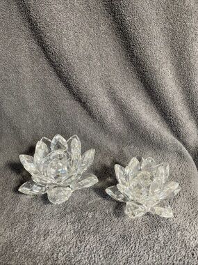 Two Vintage Swarovski Crystal Water Lily/Lotus Candle Holders ~ 3” & 4”